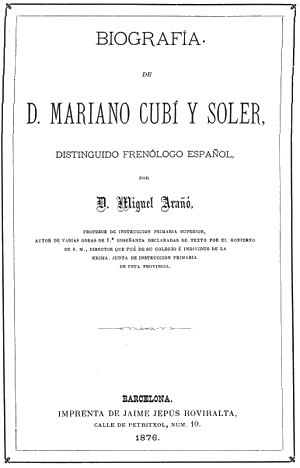 Miguel Arañó, Biografía de D. Mariano Cubí y Soler, 1876
