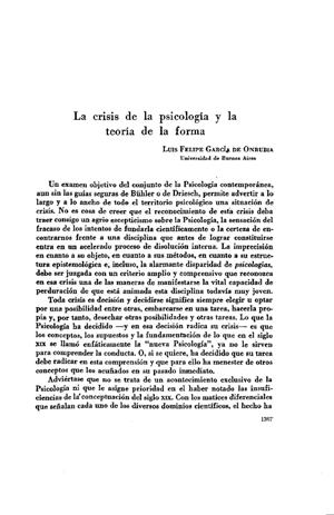 Luis Felipe García de Onrubia, La crisis de la psicología y la teoría de la forma | Mendoza 1949