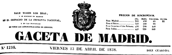 Gaceta de Madrid, Madrid, viernes 13 de abril de 1838