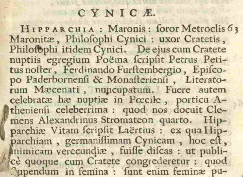 Hiparquia en Gil Ménage, Historia mulierum philosopharum, Amsterdam 1692, página 38 Hiparquia en Gil Ménage, Historia mulierum philosopharum, Amsterdam 1692, página 38