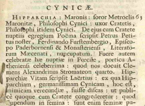Hiparquia en Gil Ménage, Historia mulierum philosopharum, Amsterdam 1692, página 38