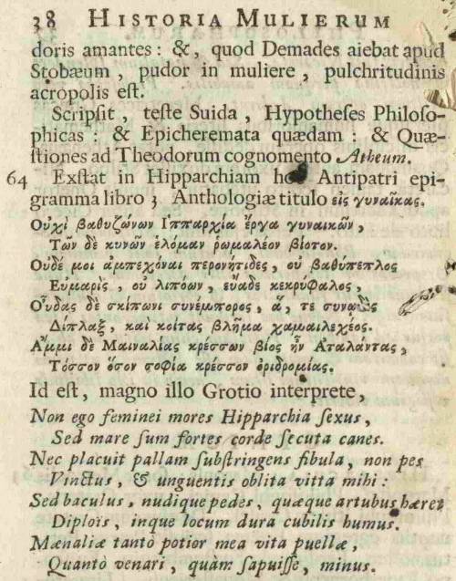 Hiparquia en Gil Ménage, Historia mulierum philosopharum, Amsterdam 1692, página 39 Hiparquia en Gil Ménage, Historia mulierum philosopharum, Amsterdam 1692, página 39