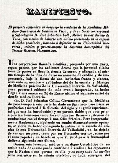 José Sebastián Coll, Manifiesto. El presente contendrá en bosquejo la conducta de la Academia Médico-Quirúrgica de Castilla la Vieja, Valladolid 1840, 20 páginas pagina uno