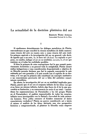 Rodolfo Mario Agoglia, La actualidad de la doctrina platónica del ser | Mendoza 1949