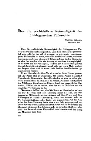 Walter Br&ouml;cker, Sobre la necesidad hist&oacute;rica de la filosof&iacute;a de Heidegger | Mendoza 1949