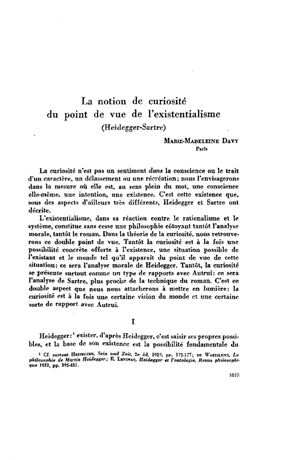 Marie-Madeleine Davy, La notion de curiosité du point de vue de l'existentialisme (Heidegger-Sartre) | Mendoza 1949