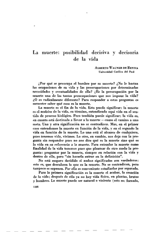 Alberto Wagner de Reyna, La muerte: posibilidad decisiva y decisoria de la vida | Mendoza 1949
