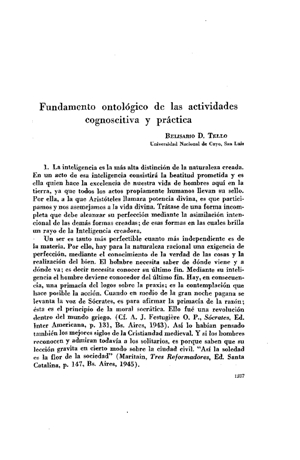 Belisario D. Tello, Fundamento ontológico de las actividades cognoscitiva y práctica | Mendoza 1949