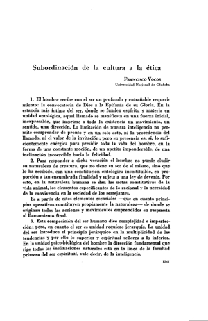 Francisco Vocos, Subordinaci&oacute;n de la cultura a la &eacute;tica | Mendoza 1949