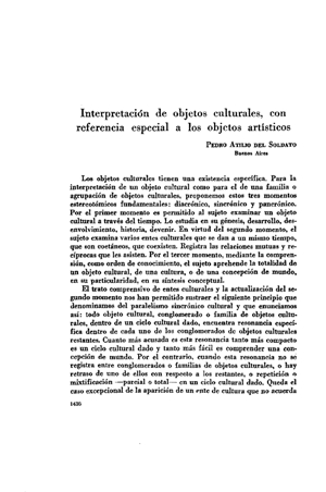Pedro Atilio del Soldato, Interpretación de objetos culturales, con referencia especial a los objetos artísticos | Mendoza 1949