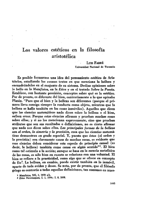 Luis Farr&eacute;, Los valores est&eacute;ticos en la filosof&iacute;a aristot&eacute;lica | Mendoza 1949