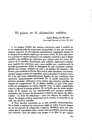 Jaime María de Mahieu, El juicio en la afirmación estética | Mendoza 1949