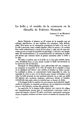 Carlota T. de Mathaus, Lo bello y el sentido de la existencia en la filosofía de Federico Nietzsche | Mendoza 1949