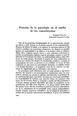Alberto Palcos, Posición de la psicología en el cuadro de los conocimientos | Mendoza 1949