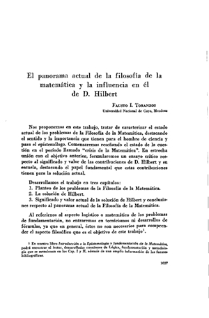 Fausto I. Toranzos, El panorama actual de la filosofía de la matemática y la influencia en él de D. Hilbert | Mendoza 1949