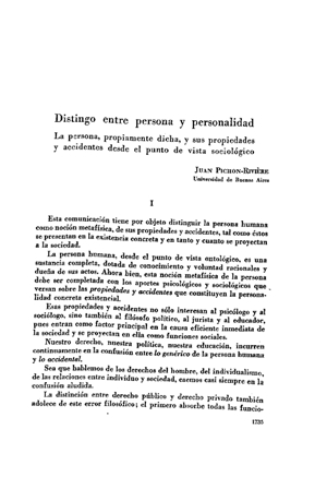 Juan Pichon-Rivi&egrave;re, Distingo entre persona y personalidad. La persona, propiamente dicha, y sus propiedades y accidentes desde el punto de vista sociol&oacute;gico | Mendoza 1949