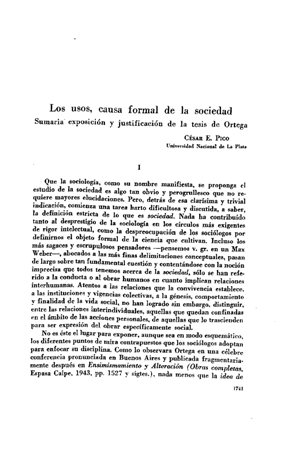 César E. Pico, Los usos, causa formal de la sociedad. Sumaria exposición y justificación de la tesis de Ortega | Mendoza 1949