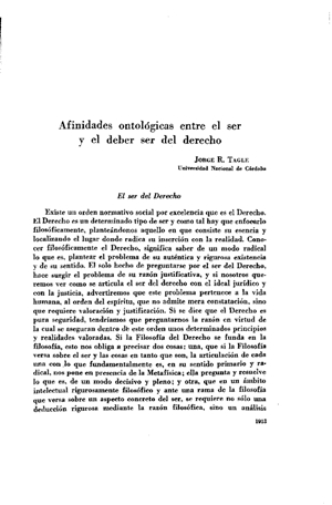 Jorge R. Tagle, Afinidades ontológicas entre el ser y el deber ser del derecho | Mendoza 1949