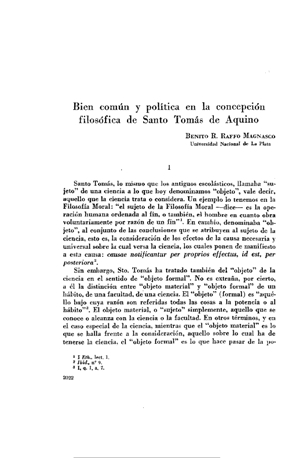 Benito R. Raffo Magnasco, Bien común y política en la concepción filosófica de Santo Tomás de Aquino | Mendoza 1949