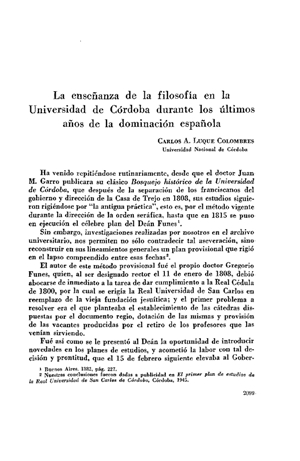Carlos A. Luque Colombres, La enseñanza de la filosofía en la Universidad de Córdoba durante los últimos años de la dominación española | Mendoza 1949