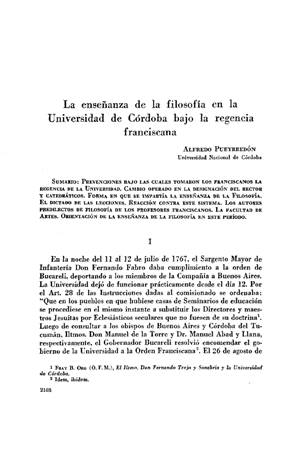 Alfredo Pueyrred&oacute;n, La ense&ntilde;anza de la filosof&iacute;a en la Universidad de C&oacute;rdoba bajo la regencia franciscana | Mendoza 1949