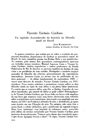 Luis Washington, Vicente Licínio Cardozo. Un capítulo desconhecido da história da filosofia atual no Brasil | Mendoza 1949