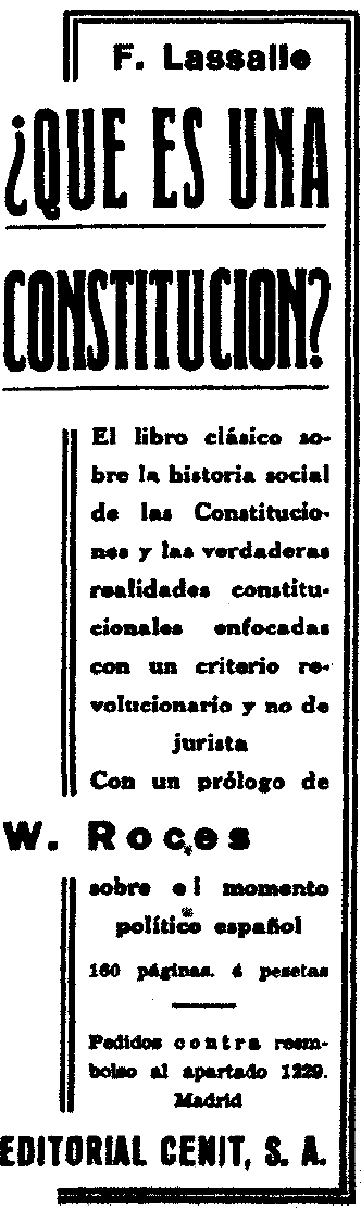 Anuncio en Crisol, 6 julio 1931:Fernando Lassalle, ¿Qué es una constitución?, Cenit, Madrid 1931 anuncio