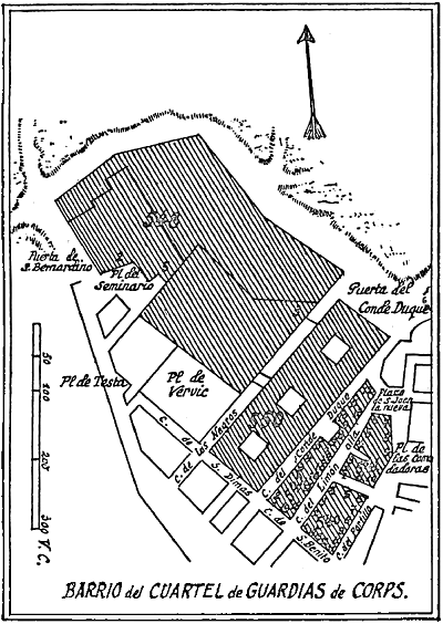 Madrid. Barrio del cuartel de Guardias de Corps / Guía de la Universidad de Madrid 1945, página 74 plano