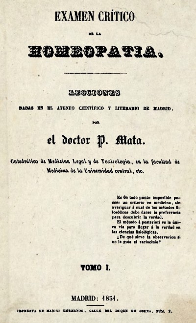 Pedro Mata Fontanet, Examen crítico de la Homeopatía, Madrid 1851 cubierta del libro