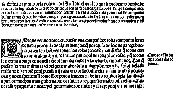 Fragmento de la primera página de la Política de Aristóteles en español, impresa en Zaragoza en 1509