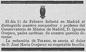 Esquela de Ignacio Ovejero, en Toledo, publicación quincenal ilustrada, 1 abril 1889