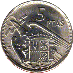Moneda de 5 pesetas de 1957 con el escudo Una Grande Libre