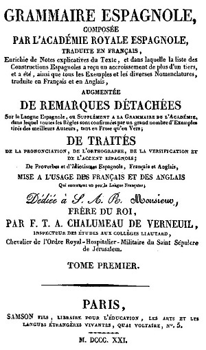 Chalumeau de Verneuil, Grammaire Espagnole, Paris 1821 Grammaire Espagnole