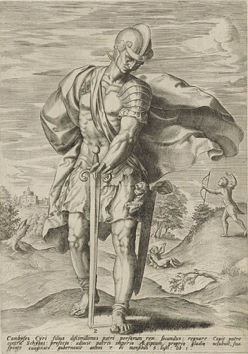El rey Cambises, al fondo dispara flecha a un joven, De la serie de reyes persas (hacia 1585), taller amsterdamés de Gerard de Jode (1509-1591) grabado