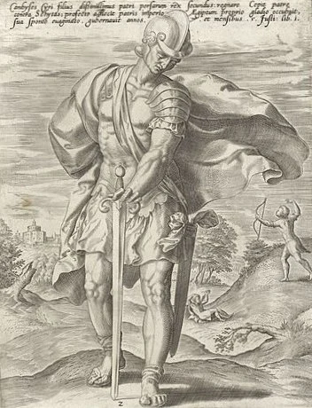El rey Cambises, al fondo dispara flecha a un joven, Thesaurus sacrarum historium veteris testamenti (1585), taller amsterdamés de Gerard de Jode (1509-1591) grabado