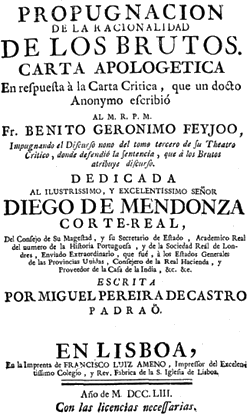 Miguel Pereira de Castro, Propugnación de la racionalidad de los brutos, Lisboa 1753