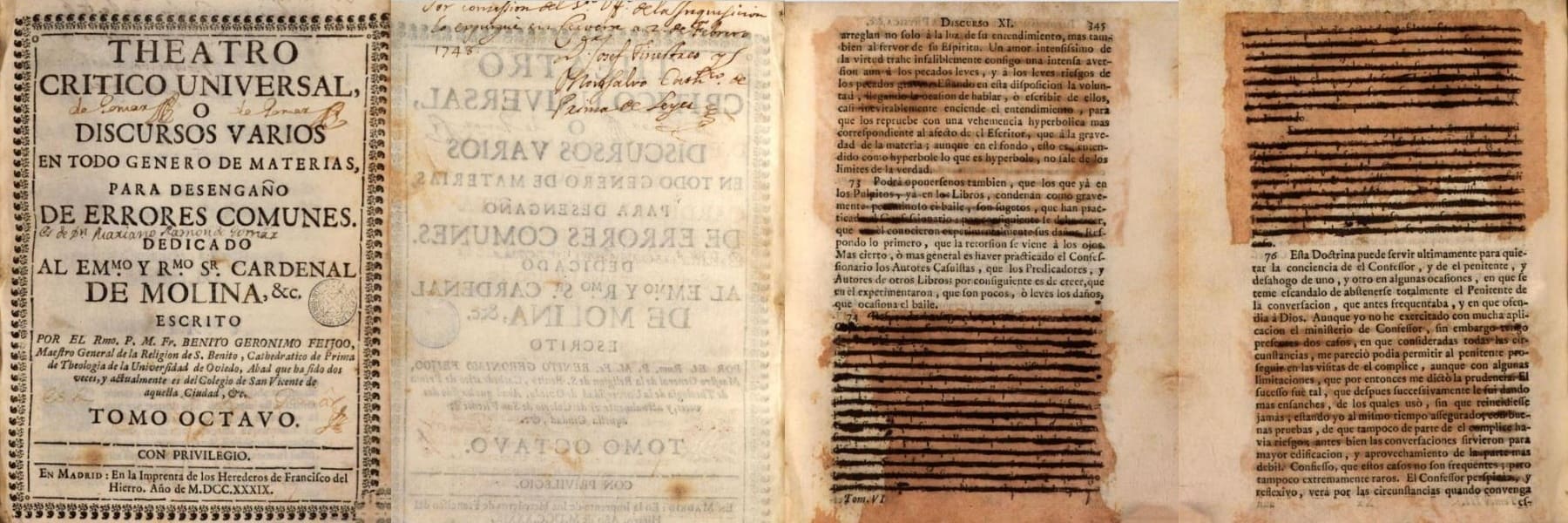 Feijoo, Teatro Crítico, tomo 8, 1739, párrafos expurgados el 2 de febrero de 1745 en este ejemplar, páginas 345 y 346 expurgos
