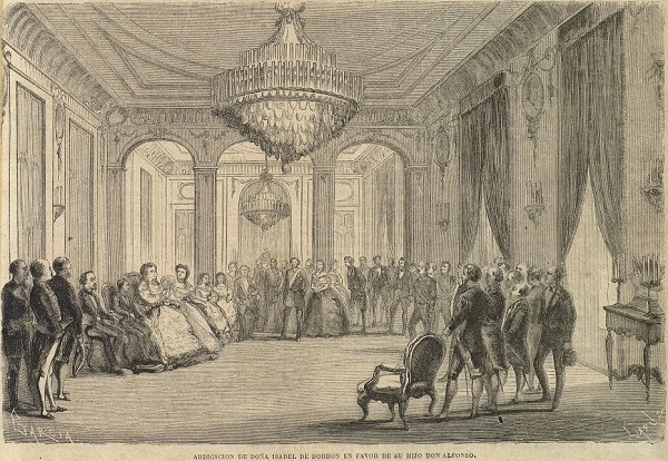 La ex reina Isabel II abdica en París en favor de su hijo Alfonso de Borbón - 25 junio 1870 grabado