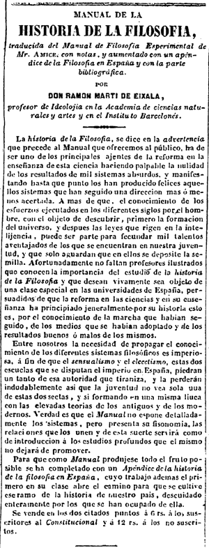 Anuncio del Manual de la Historia de la Filosofía traducido por Ramón Martí de Eixalá, El Constitucional, Barcelona, viernes 13 de mayo de 1842 Anuncio