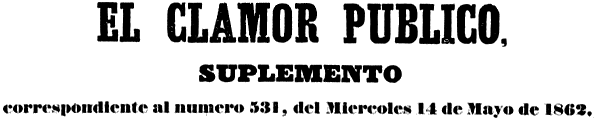 El Clamor Público, Suplemento correspondiente al número 531, del miércoles 14 de Mayo de 1862