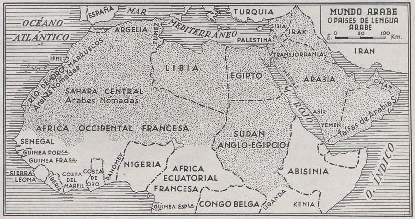 Mundo árabe o países de lengua árabe, publicado en África. Revista española de colonización, Madrid, enero 1942, número 1, página 19 foto