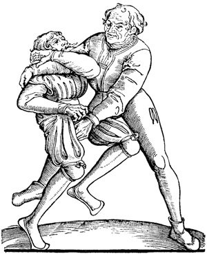 Presa de antebrazo con ayuda de zancadilla. Xilografía del libro Ringkunst, de Fabián von Auerswald, 1539