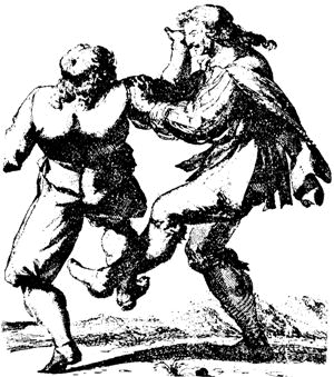 Típica llave de yiu-yitsu, tomada del libro Ringerkunst, 1674, por Nicolás Petter