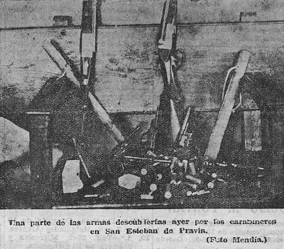 Una parte de las armas descubiertas ayer por los carabineros en San Esteban de Pravia - Foto Mendía - Región, Oviedo, 12 de septiembre de 1934 municiones