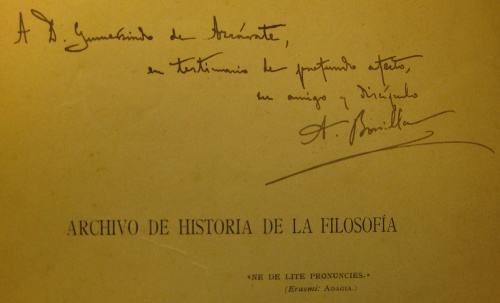 Segundo cuaderno de Archivo de Historia de la Filosofía dedicado por Adolfo Bonilla a Gumersindo de Azcárate