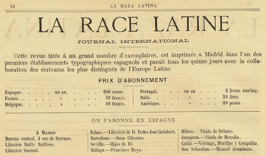 La Raza Latina, fragmento página 16 del primer número, Madrid, 15 enero 1874 número 1 página 16 fragmento