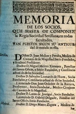 Memoria de los Socios que componen la Regia Sociedad de Sevilla, 1701, Ejemplar de la Universidad Complutense portada
