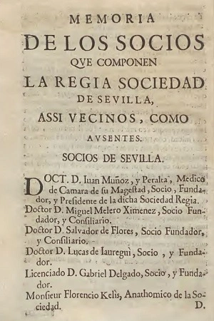 Memoria de los Socios que componen la Regia Sociedad de Sevilla, 1701, Ejemplar de la Universidad de Sevilla portada