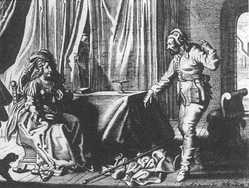Hiparquia y Crates, en Jacob Cats, Proef-steen van den Trov-ringh, Dordrecht 1637, página 189