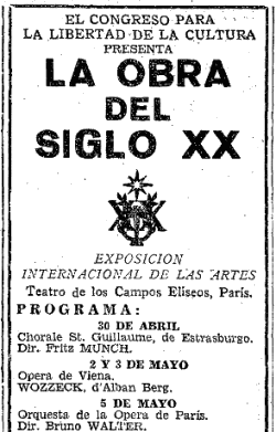 Anuncio del Congreso por la Libertad de la Cultura en el diario ABC, Madrid, 29 de marzo de 1952